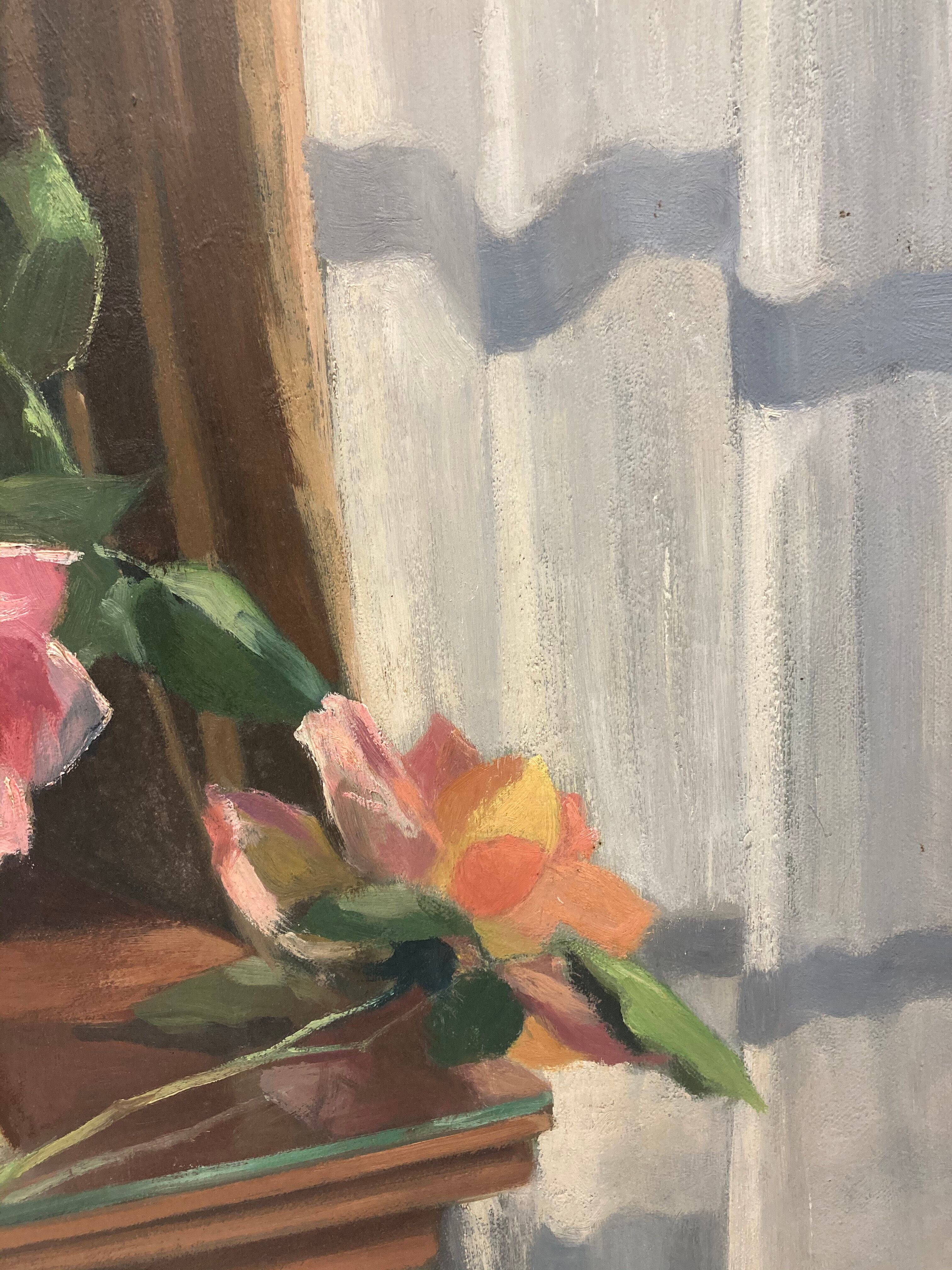 Tableau bouquet de roses devant la fenêtre