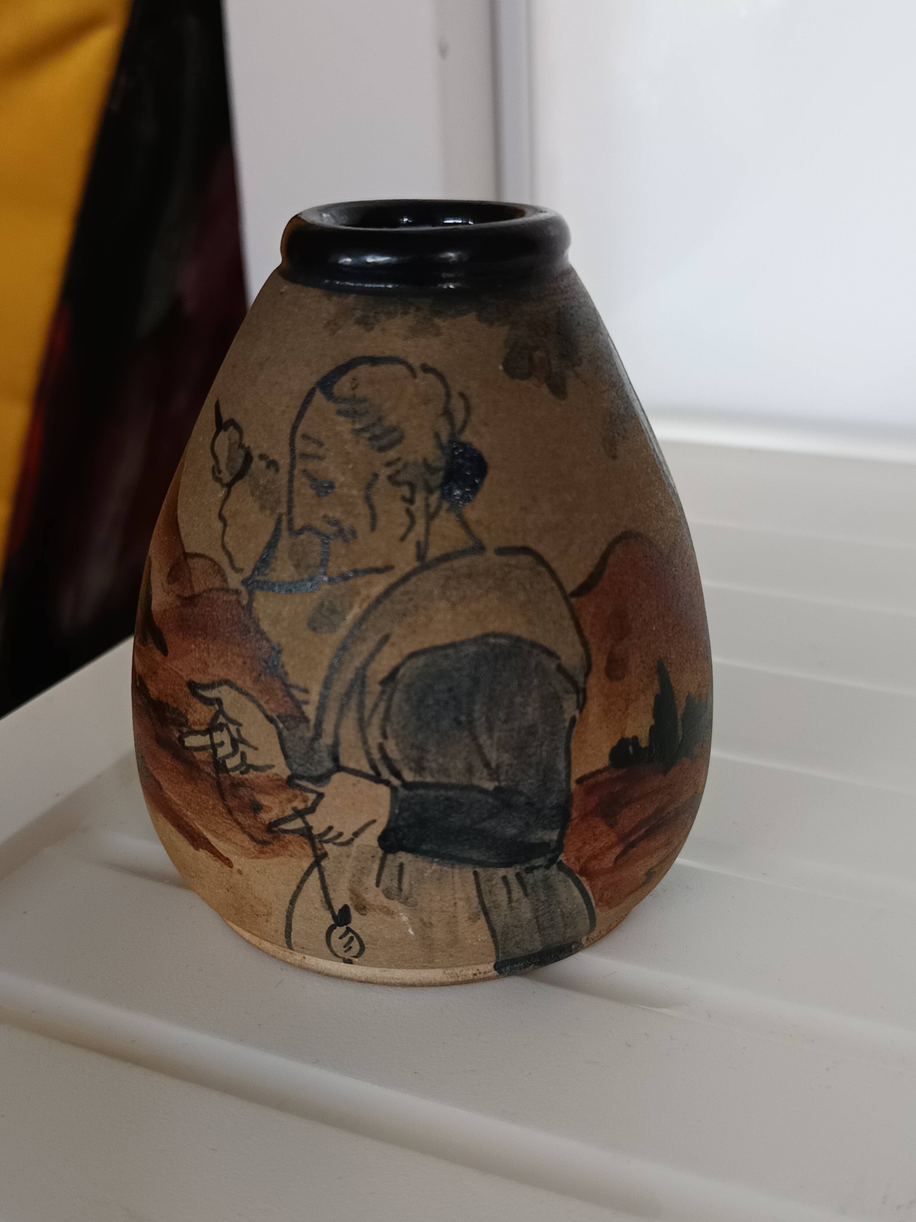 Ciboure stoneware vase, antique, signed Touton 1930, woman spinning in front of her farm.