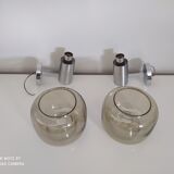 Pair of vintage chrome wall lights with smoked glass globe