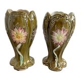 Barbotine vases, pair, Art Nouveau, DE BRUYN earthenware, signed, numbered