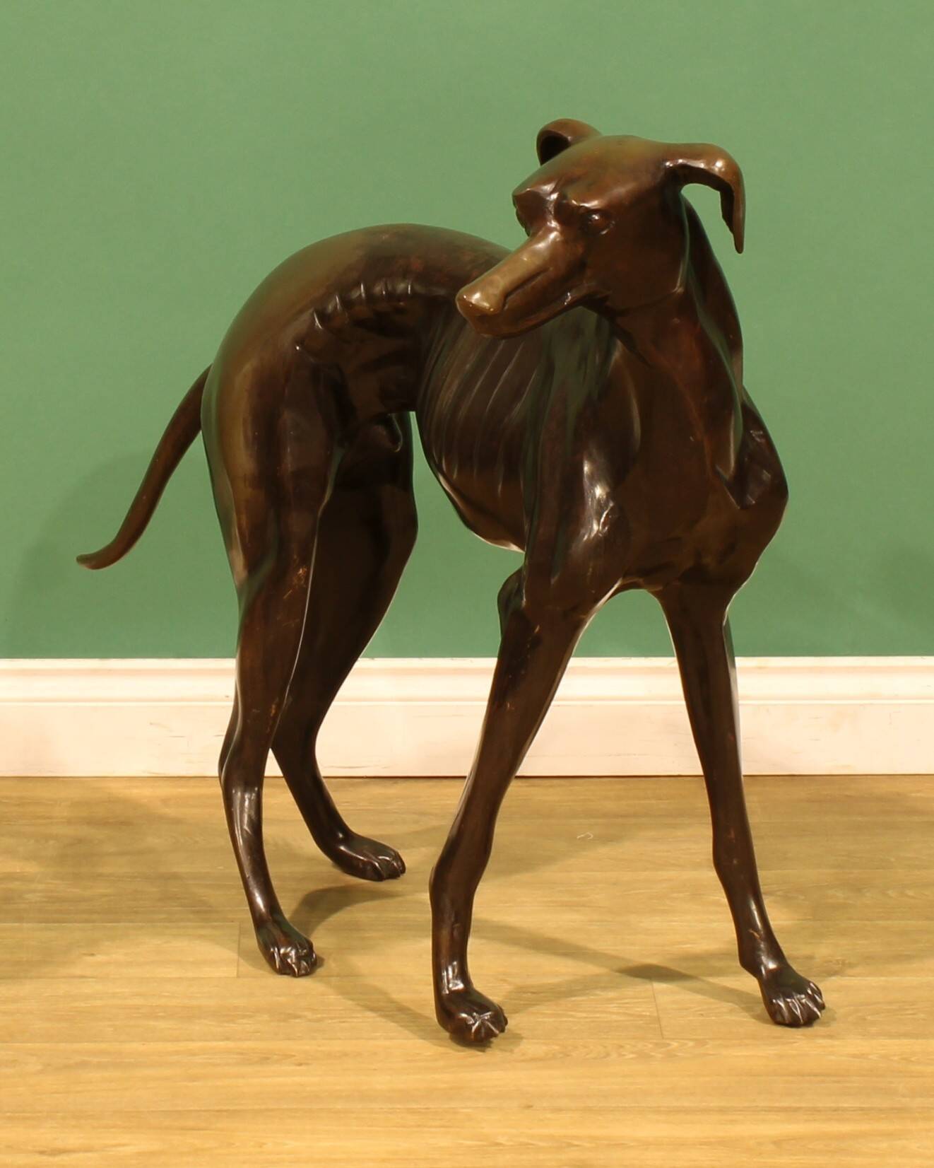 Monumental Bronze Statue of an Italian Greyhound / Whippet – Large Antique Sculpture Representing a Dog