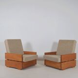 Set of Brutalist armchairs in solid wood, 1970s