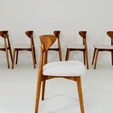 Set of 6 Dining Chairs, Light Beech Wood, White Bouclè Fabric, Modern 