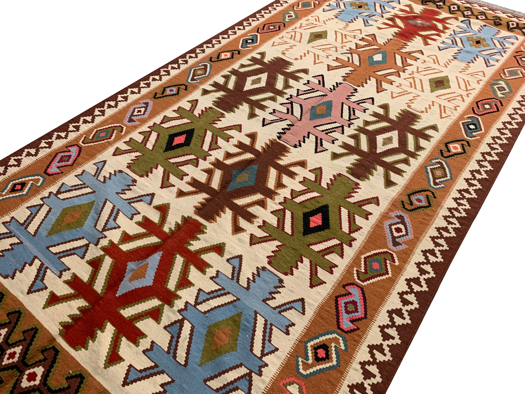 Cream wool turkish kilim handwoven tribal area rug 143x240cm