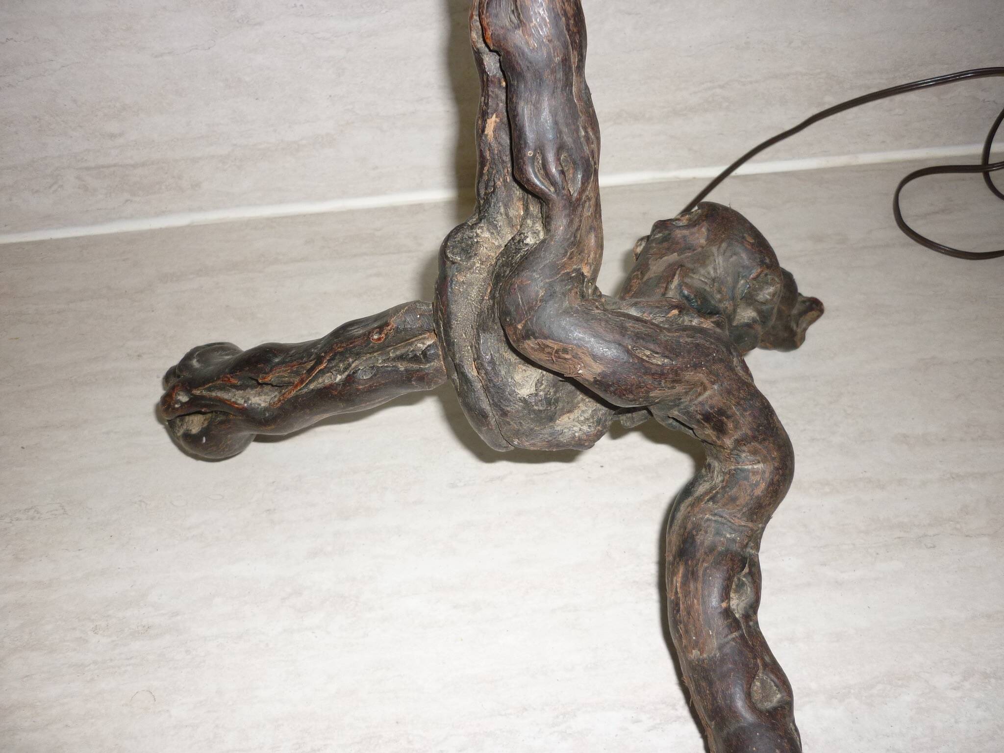 Brutalist lamp in vine stock and vintage rope or fabric lampshade