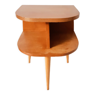 Old bedside table in varnished wood, tripod varnished feet, vintage French, 50s (2)