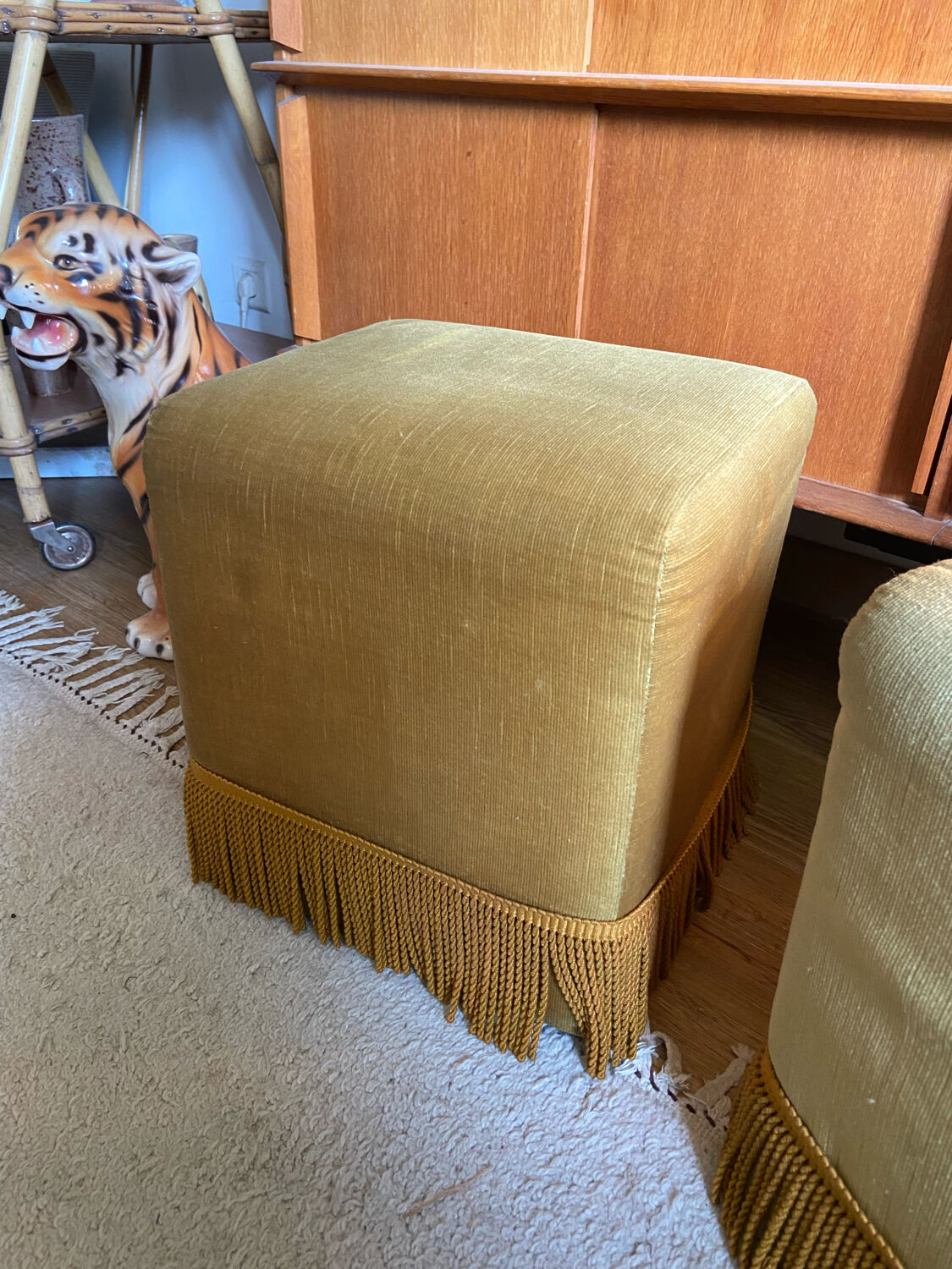 Pair of vintage fringed velvet poufs