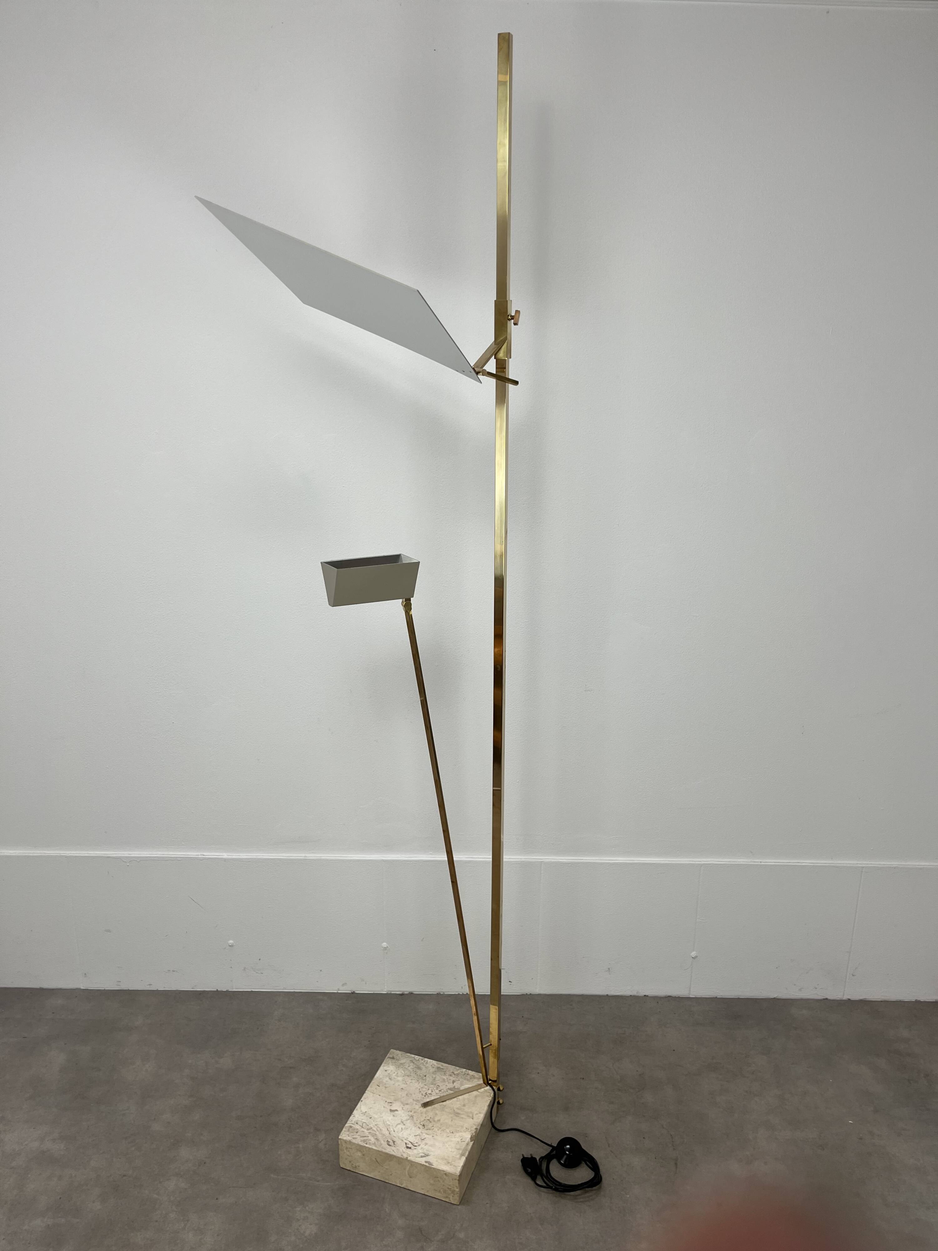 70s design floor lamp, brass and travertine, Hollywood Regency