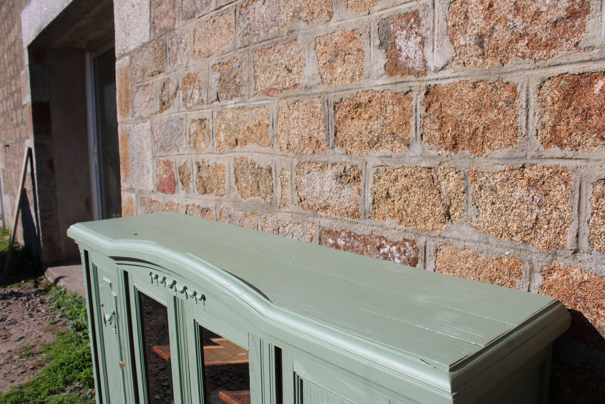 Renovated vintage sage green enfilade – wooden legs & bevelled display cabinets