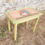 Old small side table in solid wood hand painted, rooster decoration