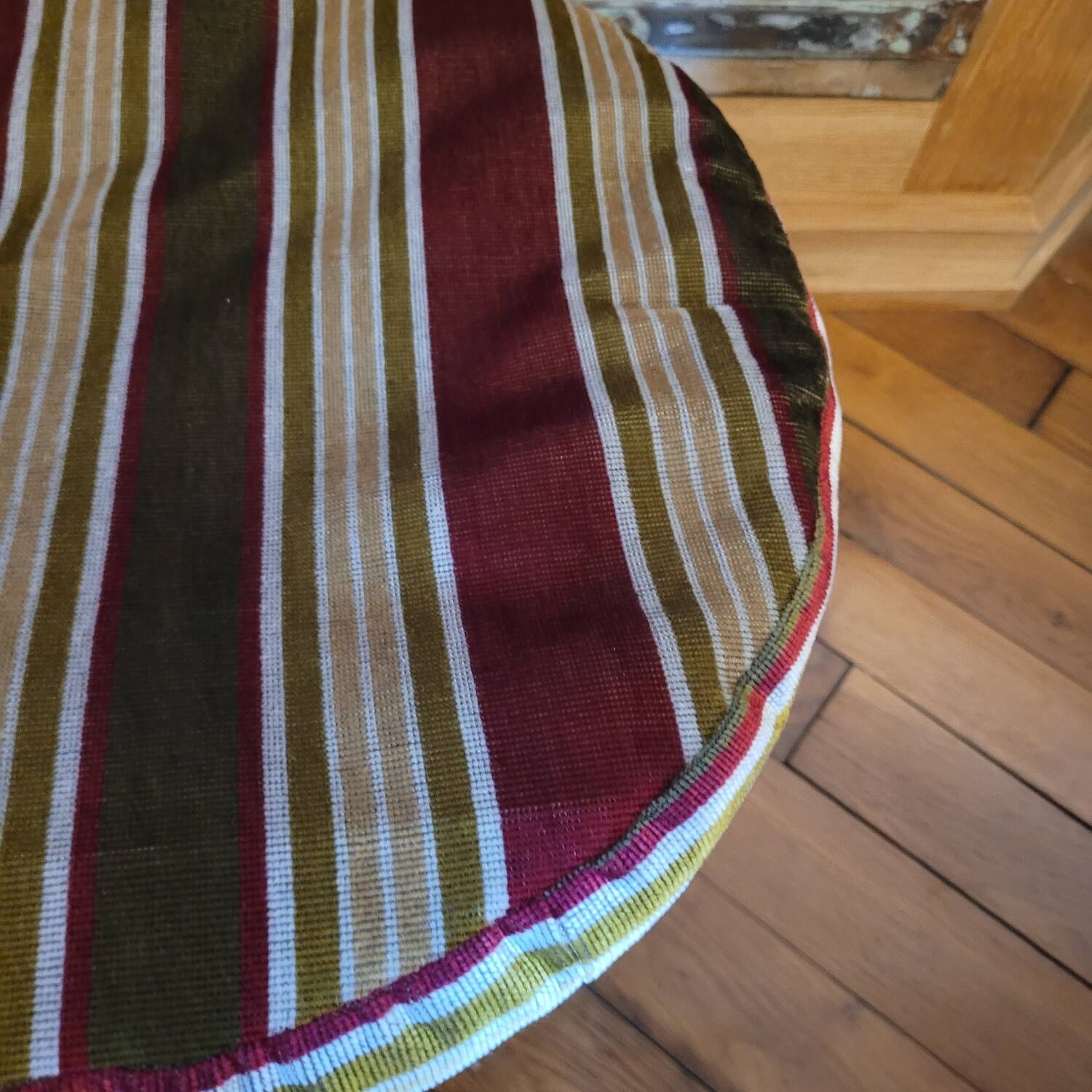Black bamboo pouf with striped velvet seat pad – vintage 1970s