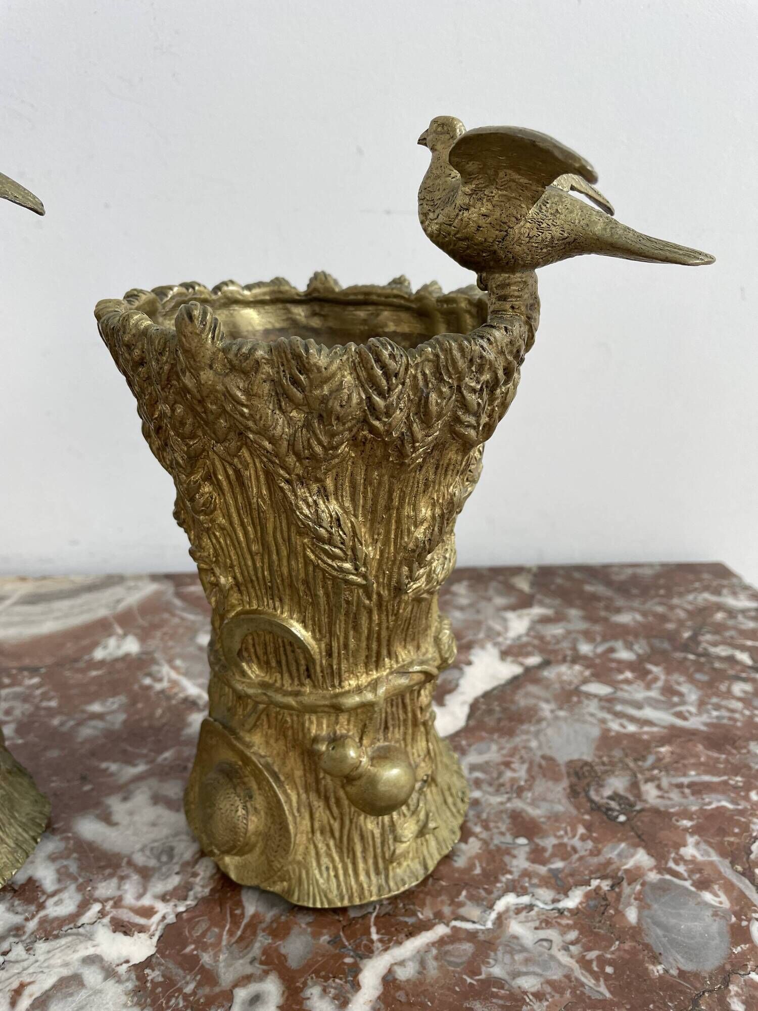 Pair of vases, solid bronze, gilded, early 20th century work, dove decoration, sheaf of wheat, art