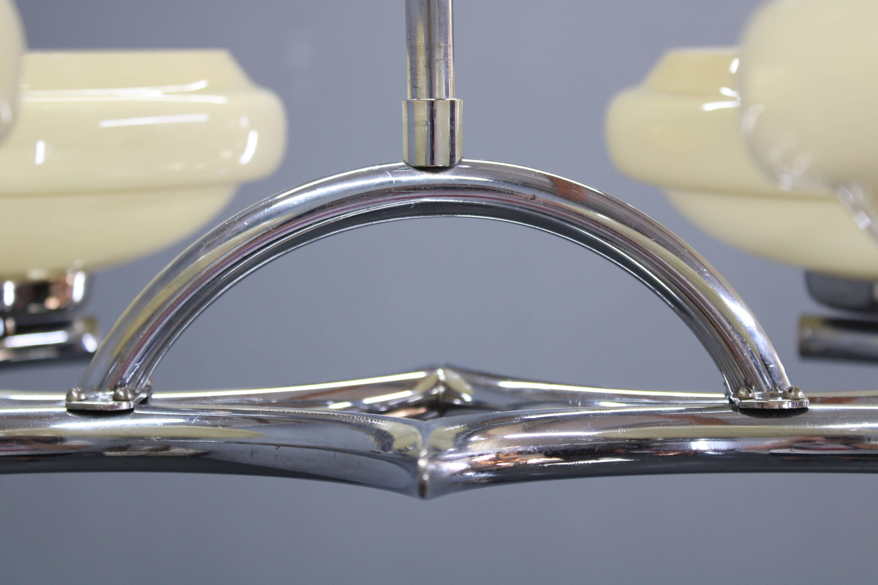 Art Deco chrome chandelier with cream opaline shades, Czechoslovakia, 1940s