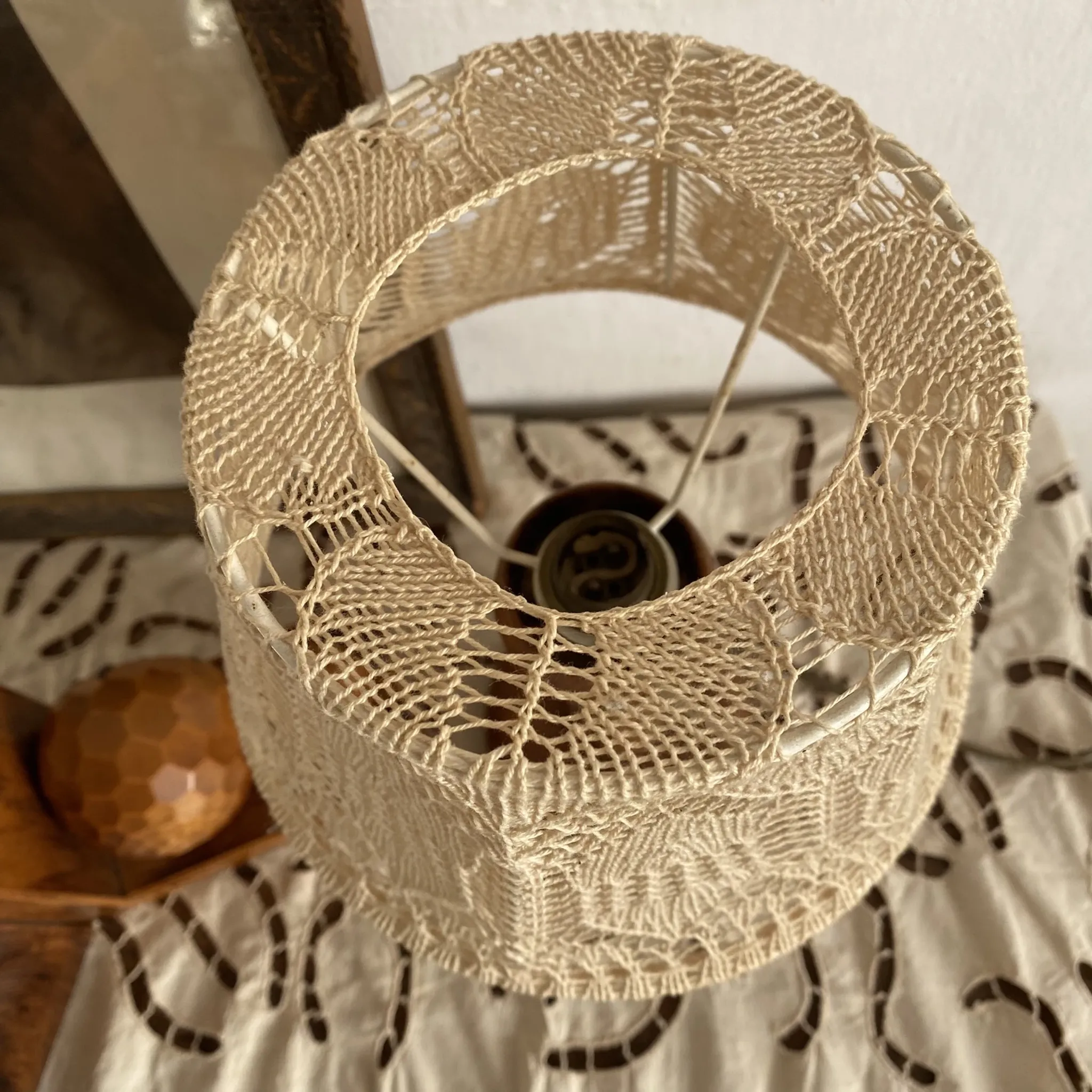 Wooden turned bedside lamp with lace