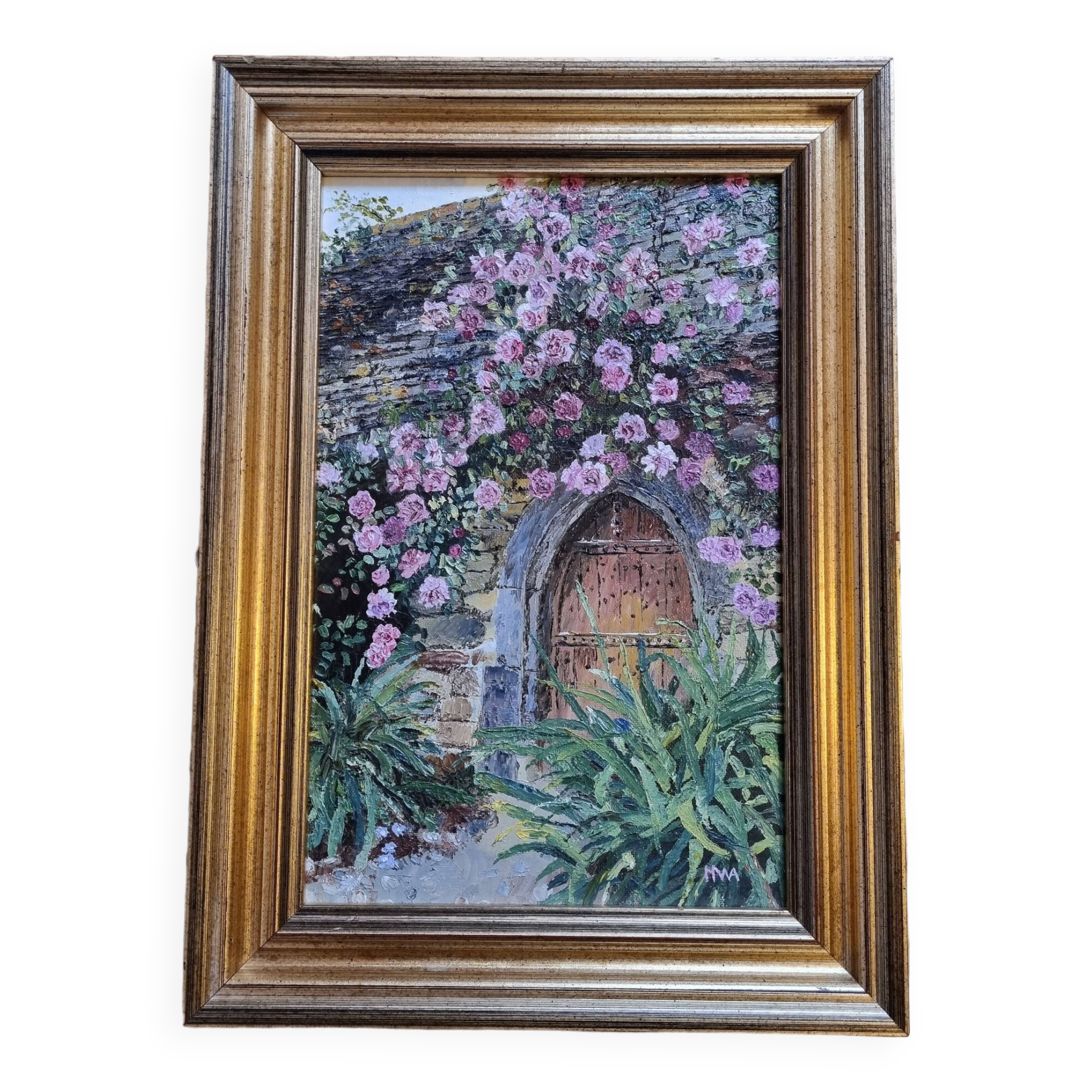 Oil on canvas signed flowered house golden frame