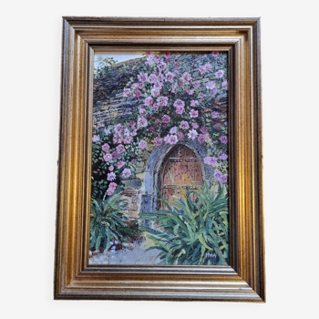 Oil on canvas signed flowered house golden frame