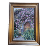 Oil on canvas signed flowered house golden frame