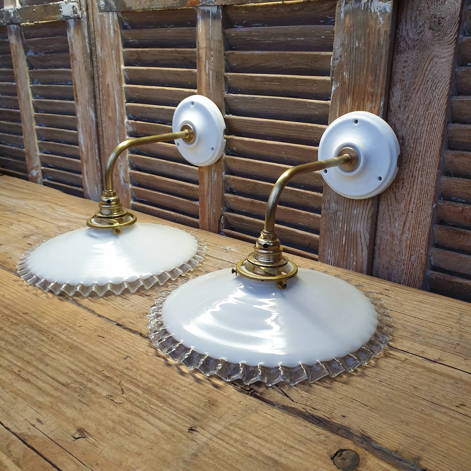 Pleated opaline swan neck wall lights