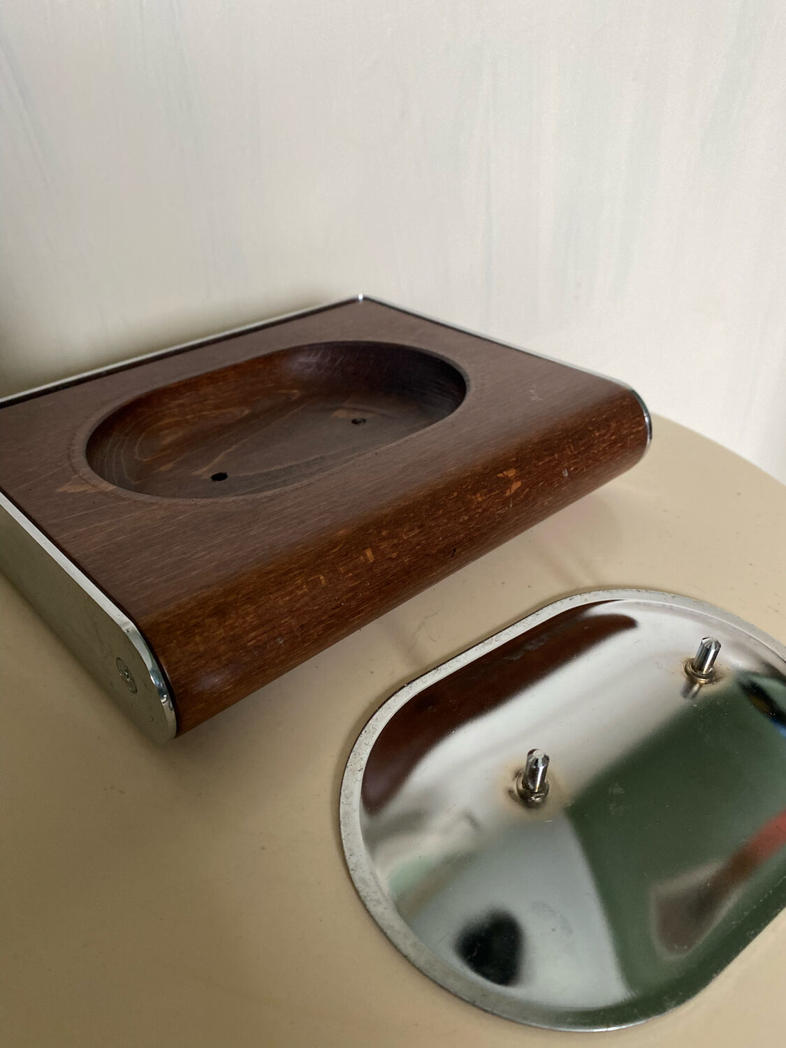 Wall soap holder design chrome and walnut wood