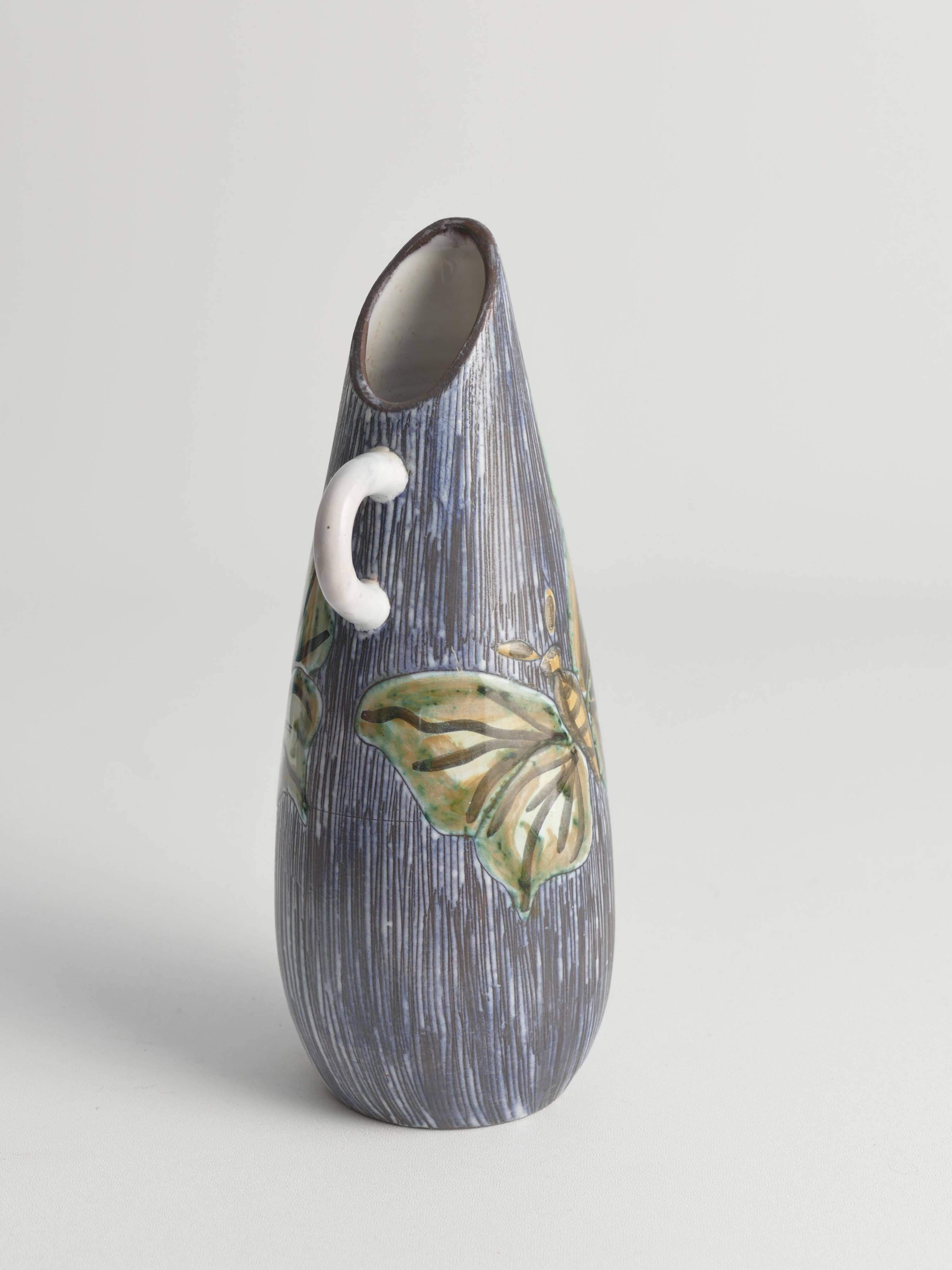 Mid-Century Modern Stoneware Vase with Sgraffito and Butterflies. Sweden, 1950s