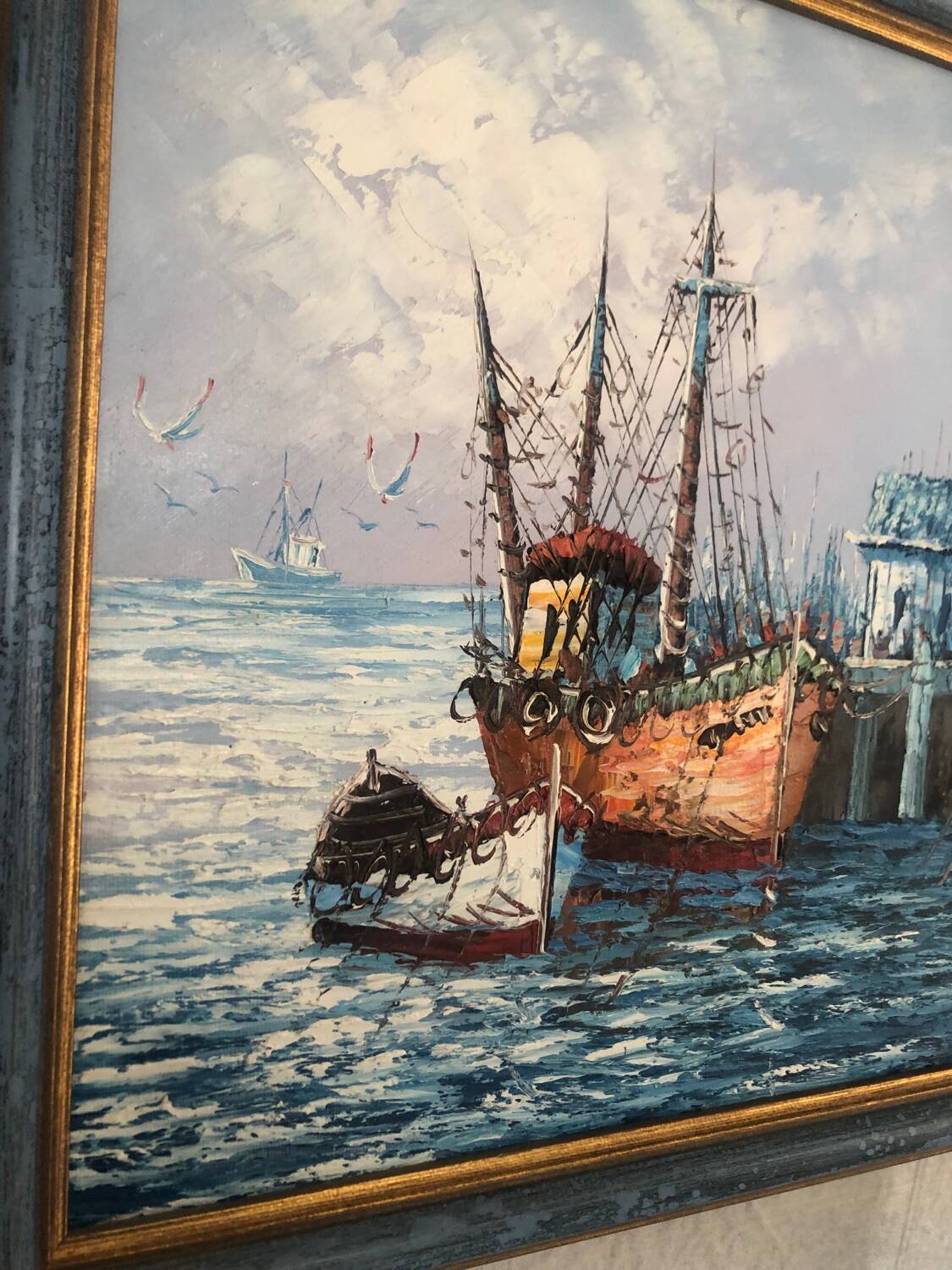 Oil painting on canvas Marine, Boat at the quay signed Florence