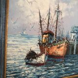 Tableau Huile sur toile Marine, Bâteau à quai signé Florence