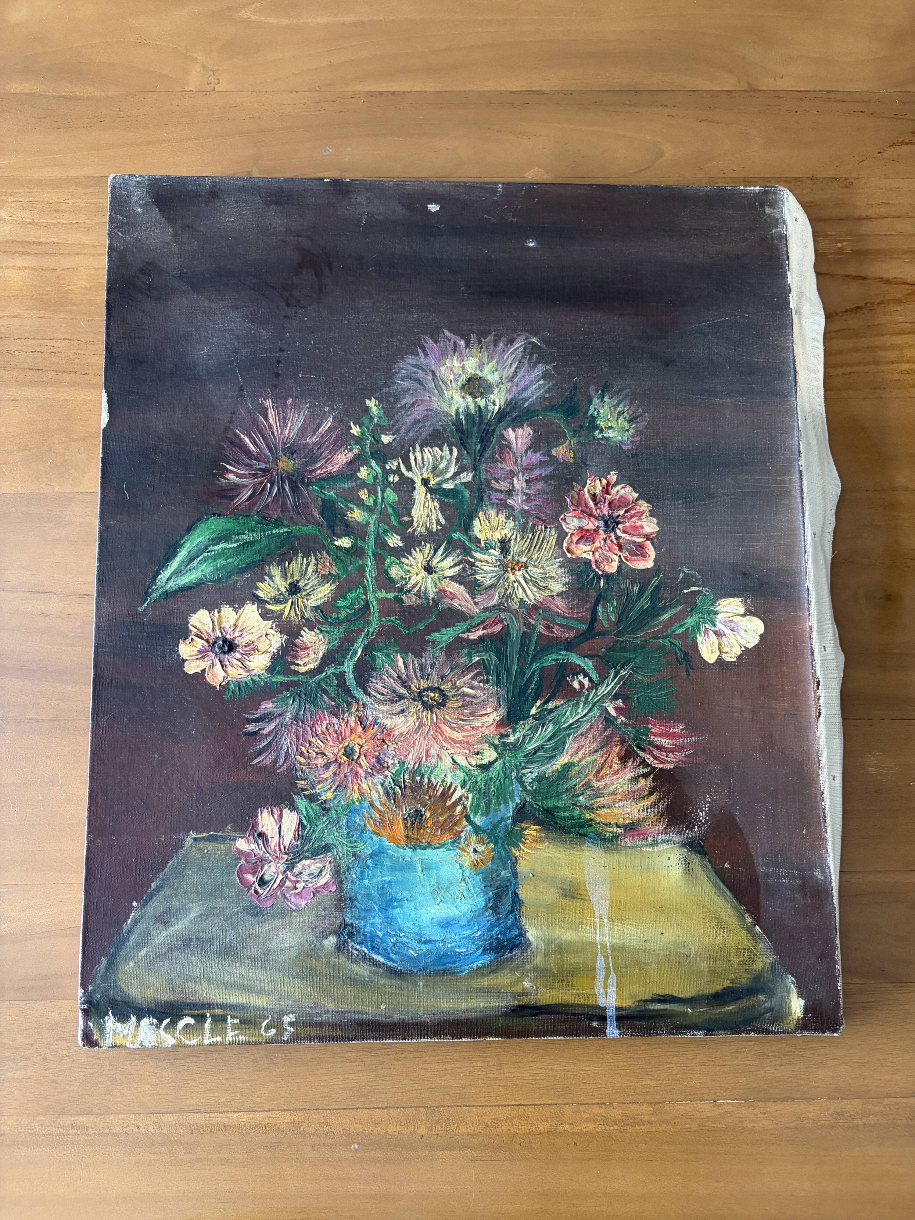 Tableau peinture originale bouquet de fleurs Lefranc vintage 1965