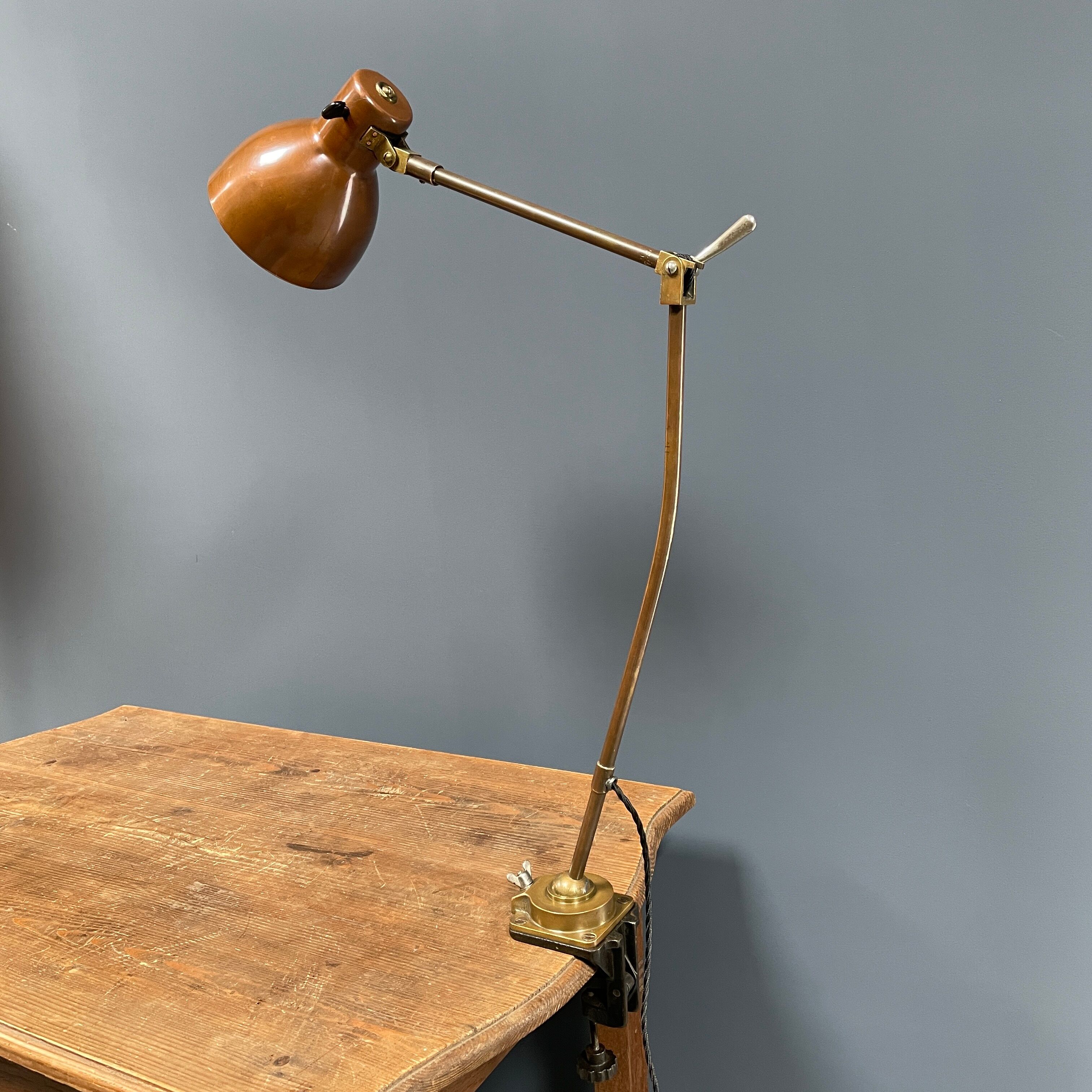 Industria Rotterdam clamp lamp made of brass and copper from the 1930s