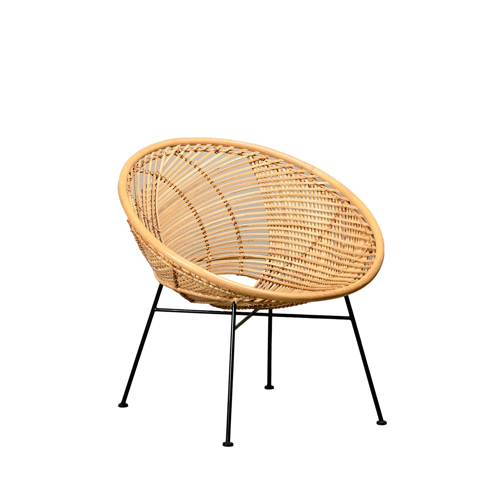 Round rattan lounge chair with black metal frame