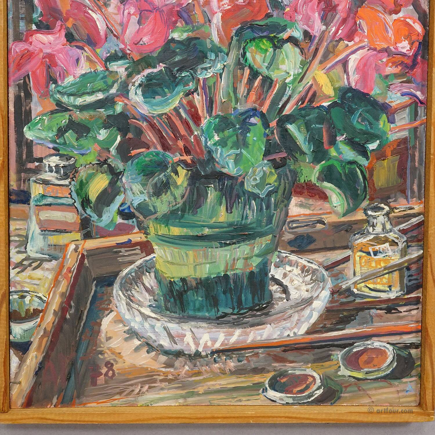 Oil painting by Alexander Michael of cyclamen (Alpenveilchen), 1978