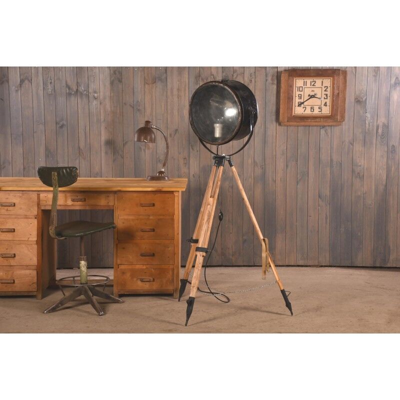 Old industrial spot on wooden tripod | vintage spot on 3 leg | tripod floor lamp