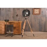 Old industrial spot on wooden tripod | vintage spot on 3 leg | tripod floor lamp