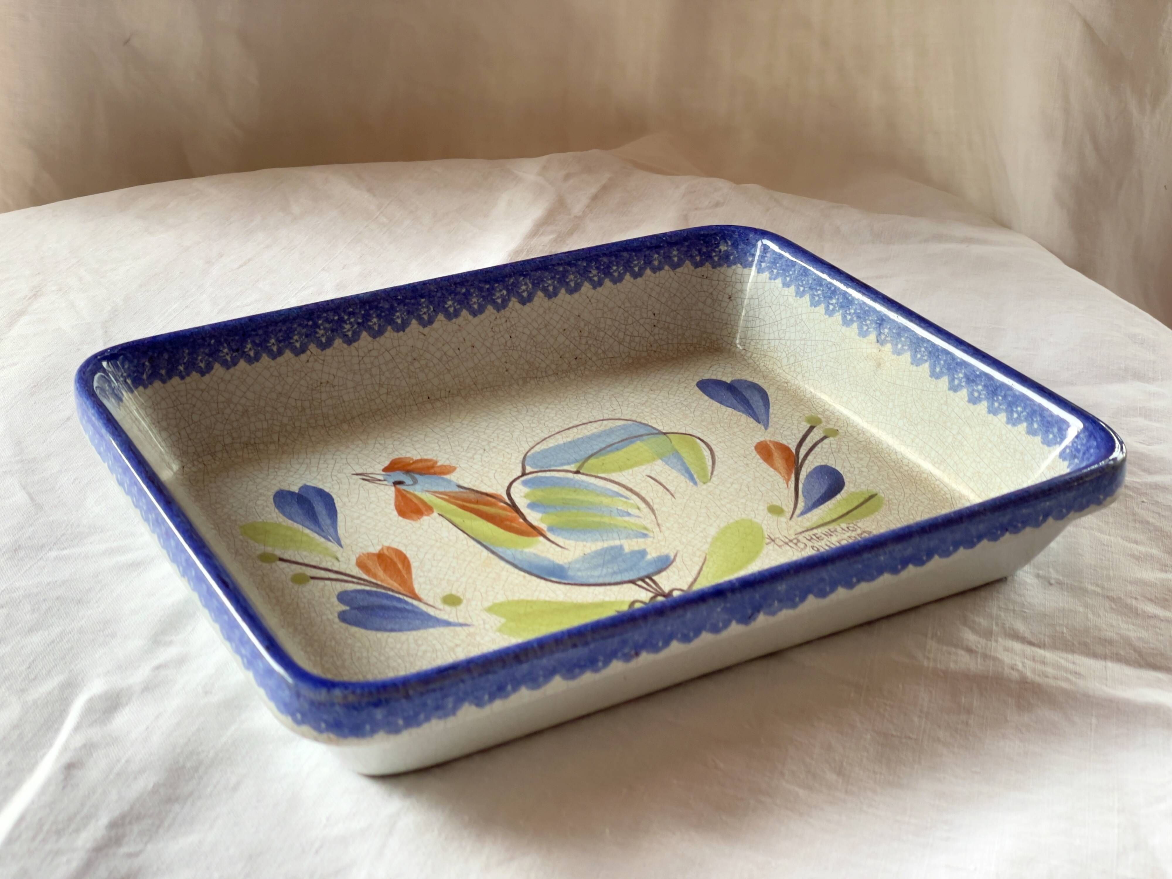 Antique and rare emile henry oven dish with hb henriot quimper decoration 1950