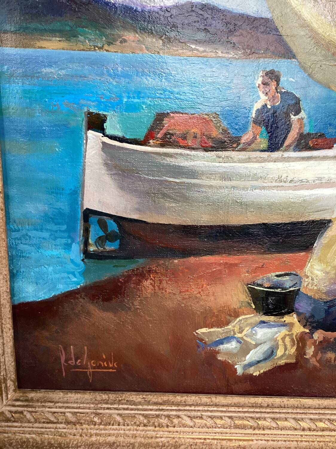 Surrealist oil on canvas Robert Degenève Belgian fishing boats