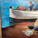 Surrealist oil on canvas Robert Degenève Belgian fishing boats