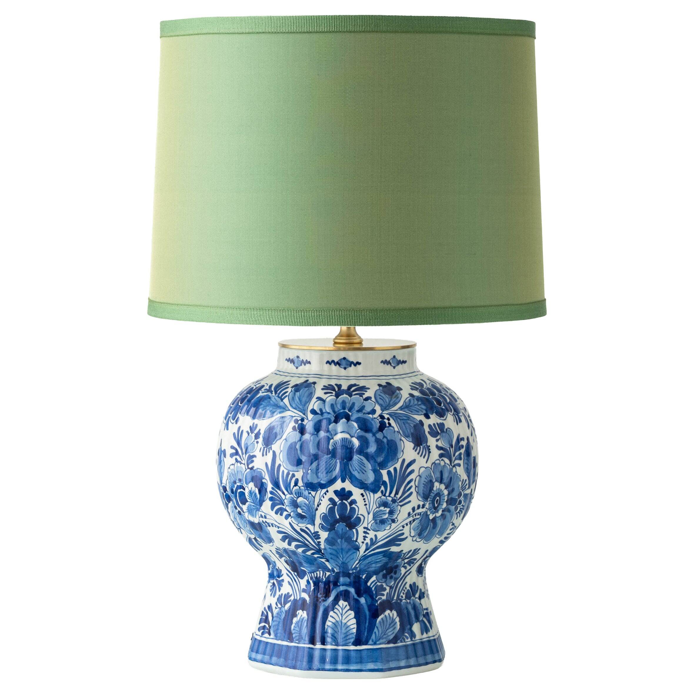 Royal Delft blue ceramic lamp, 1971, new pistachio silk shade.
