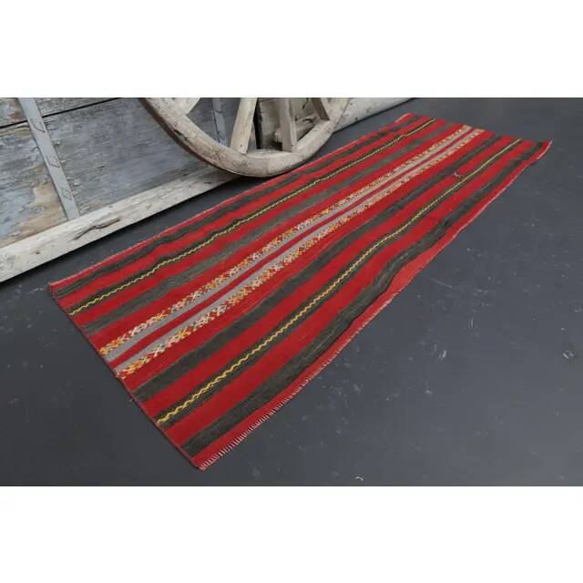 Vintage Turkish Oushak Handmade Wool Cotton Black Red Runner Rug 70x200