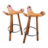 2 tabourets espagnols tripode brutaliste chêne massif, 1960