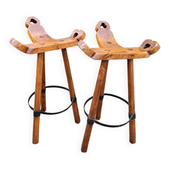 2 tabourets espagnols tripode brutaliste chêne massif, 1960