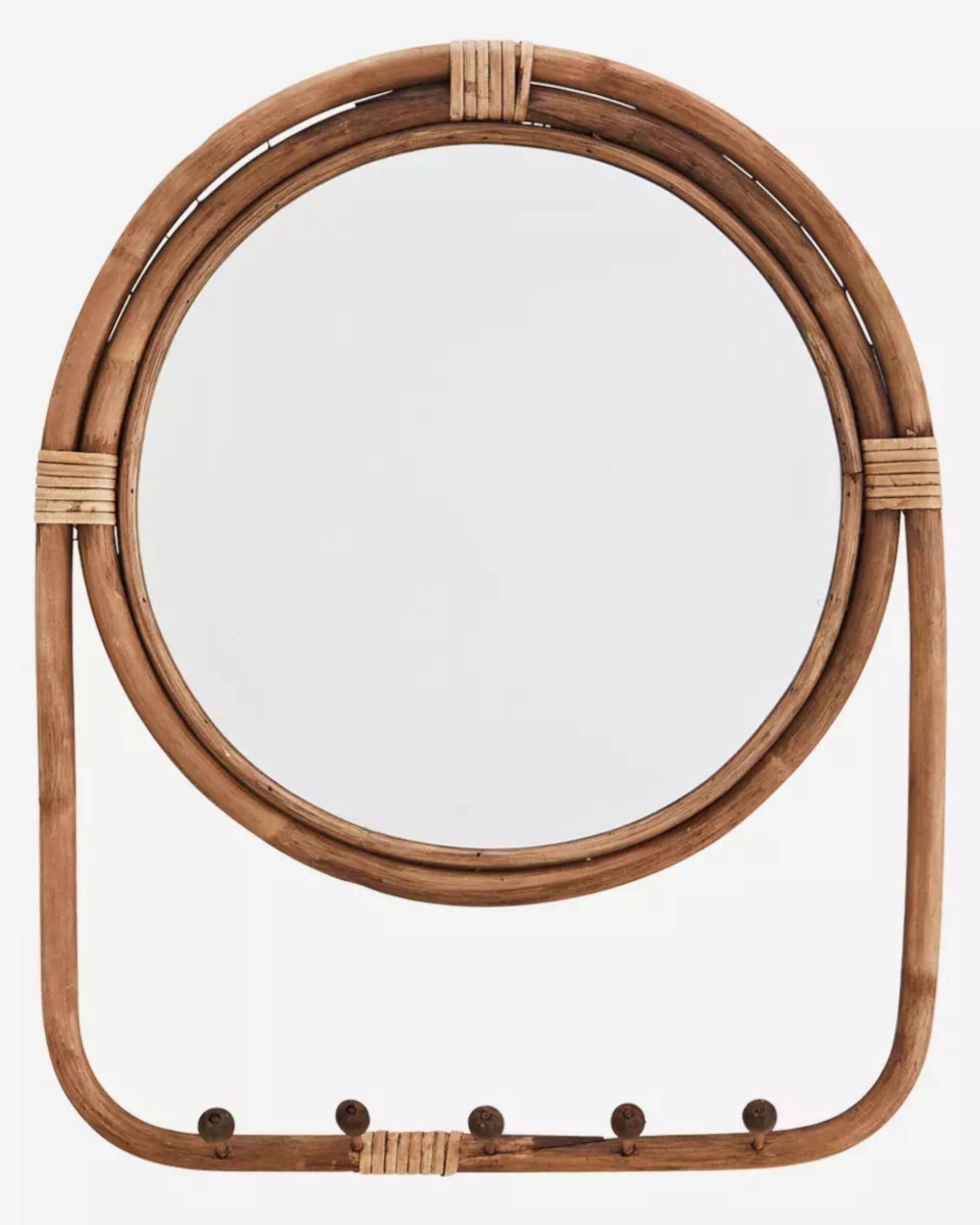 Round bohemian bamboo mirror + 5 hooks – 48 × 2 × 63 cm