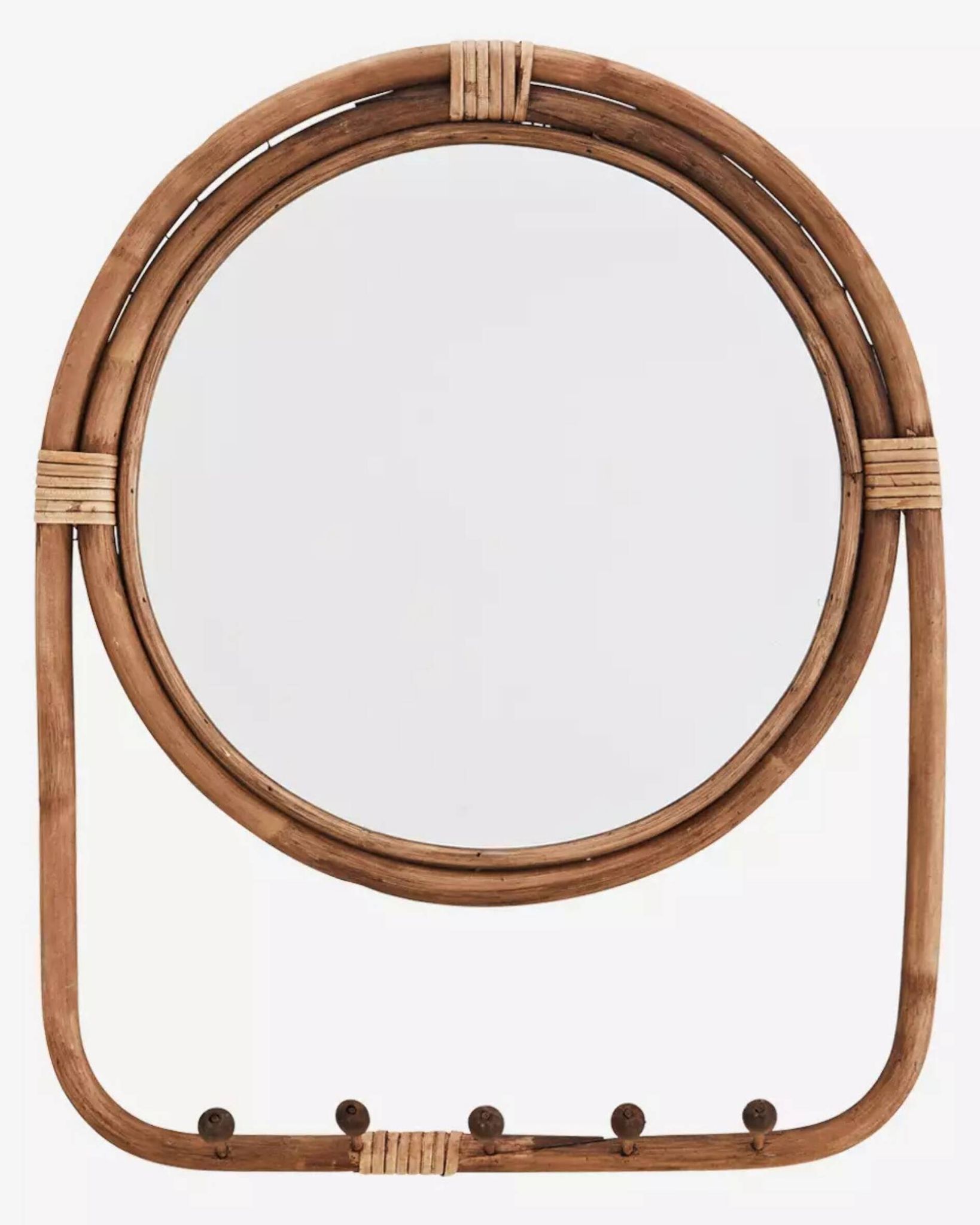 Miroir bohème rond en bambou+ 5 patères – 48 × 2 × 63 cm