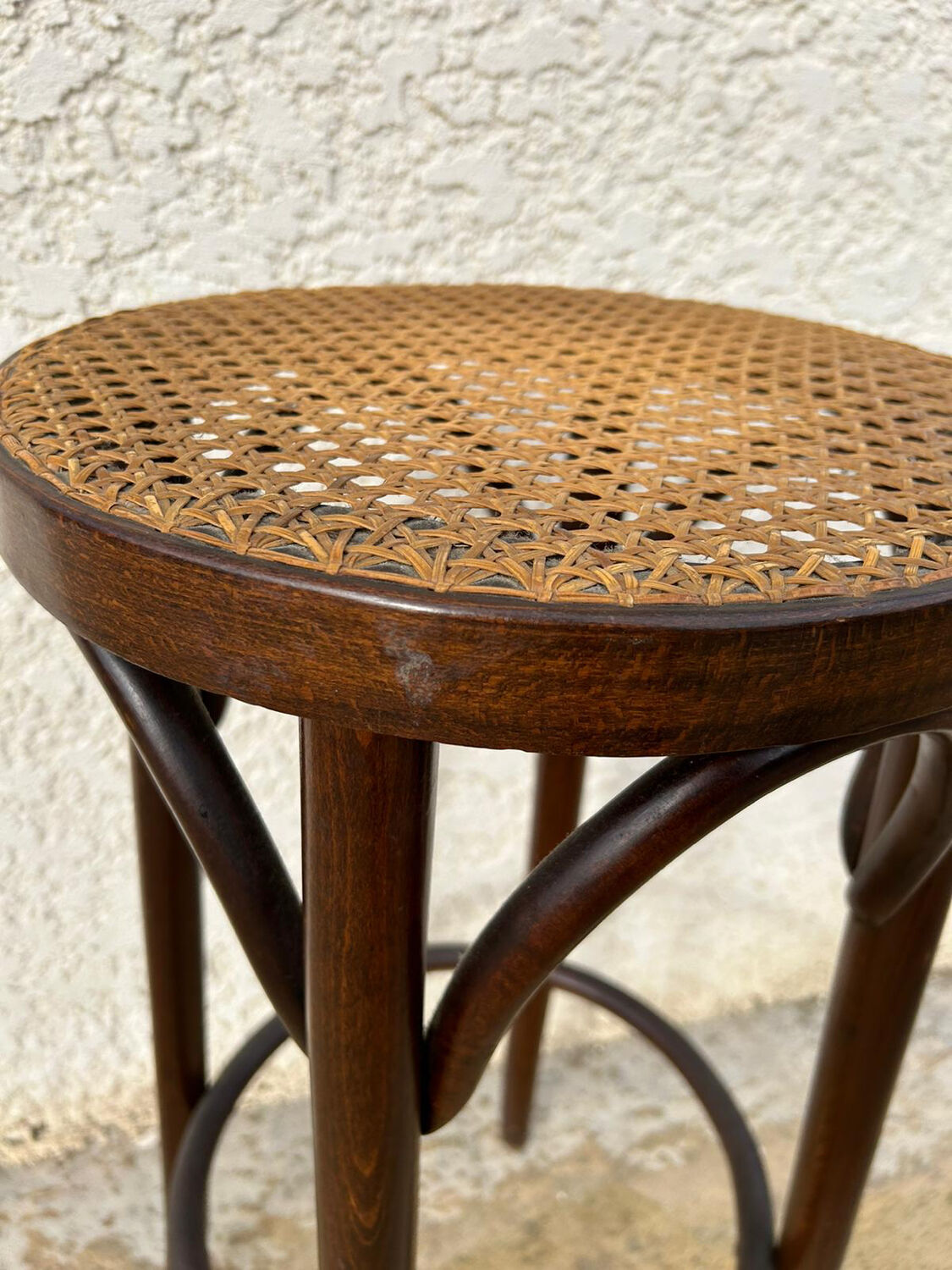 Tabouret de bar vintage en bois & cannage