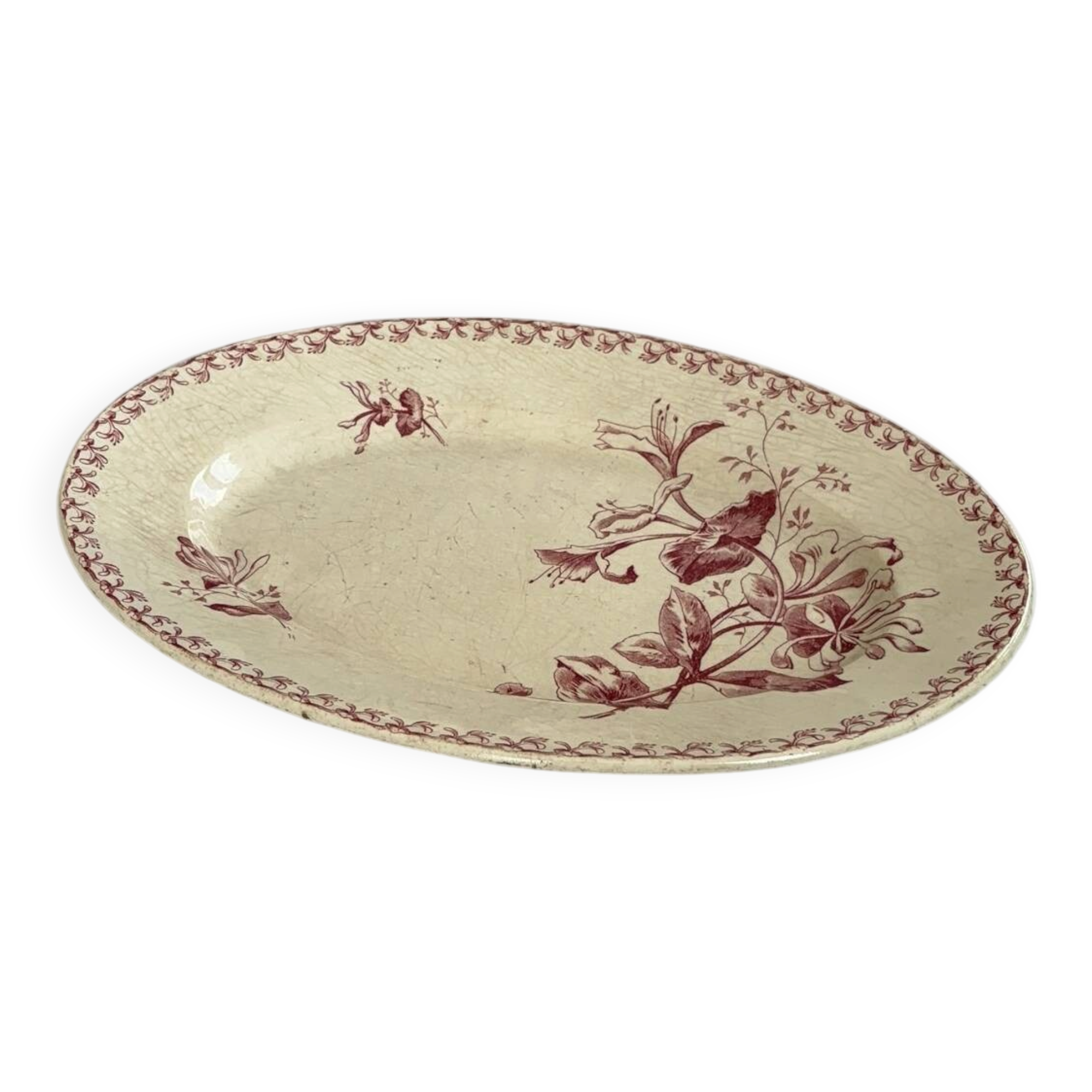Plat ovale terre de fer rouge gien modèle chèvrefeuille - faïence anci