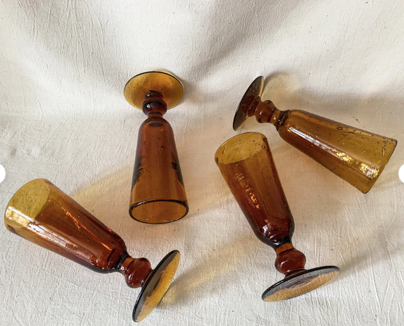 Handblown Glasses, set of 6 Amber Champagne Glasses, designer Iconic Drinkware