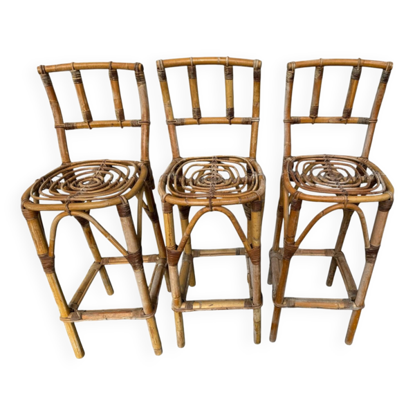 Set de 3 tabourets de bar en Rotin années 60