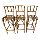 Set de 3 tabourets de bar en Rotin années 60