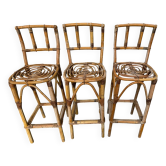 Set de 3 tabourets de bar en Rotin années 60