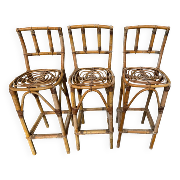 Set de 3 tabourets de bar en Rotin années 60