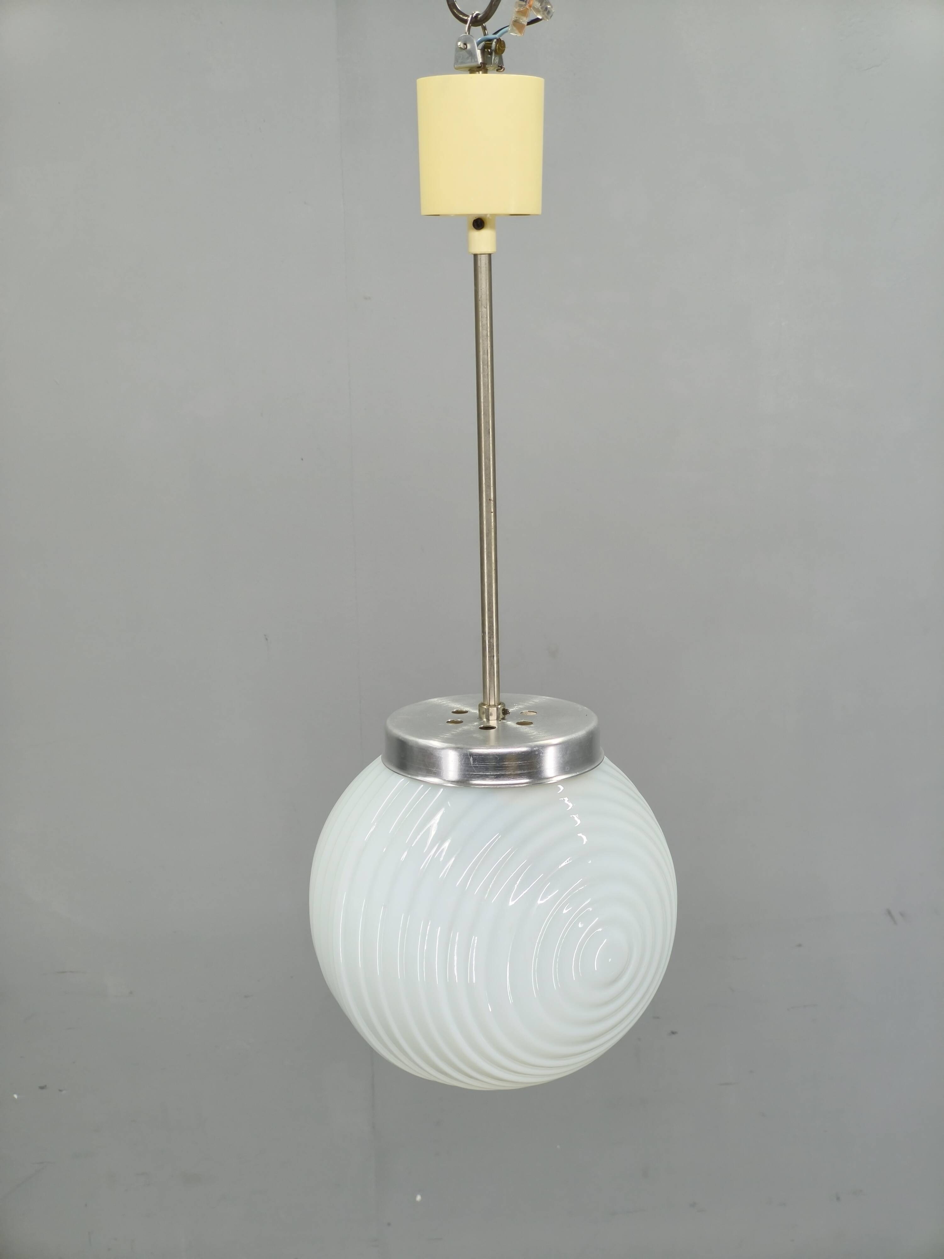 Czechoslovak Ribbed Opaline Glass Pendant Light, 1970s