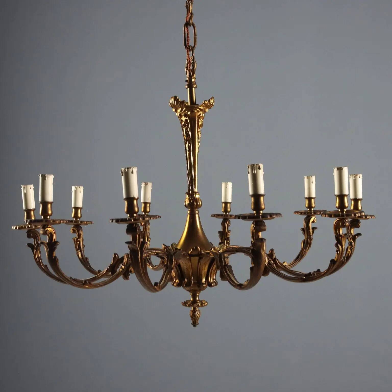 Antique gilded bronze chandelier with 10 lights, Italy, early 20th century.
